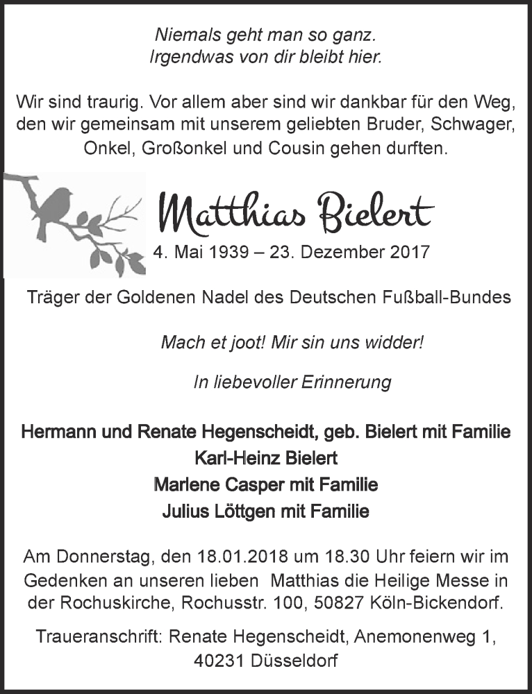  Traueranzeige für Matthias Bielert vom 17.01.2018 aus  Kölner Wochenspiegel 