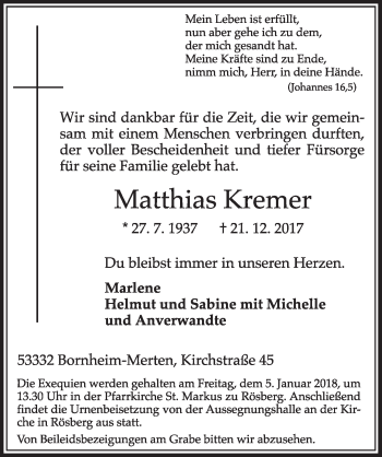 Anzeige von Matthias Kremer von  Schlossbote/Werbekurier 