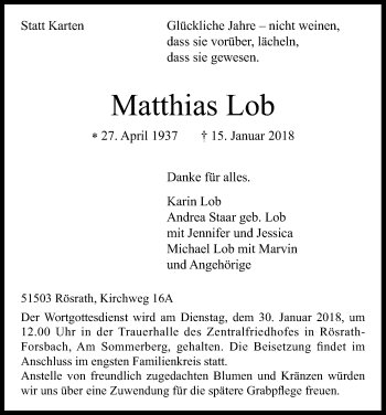 Anzeige von Matthias Lob von Kölner Stadt-Anzeiger / Kölnische Rundschau / Express