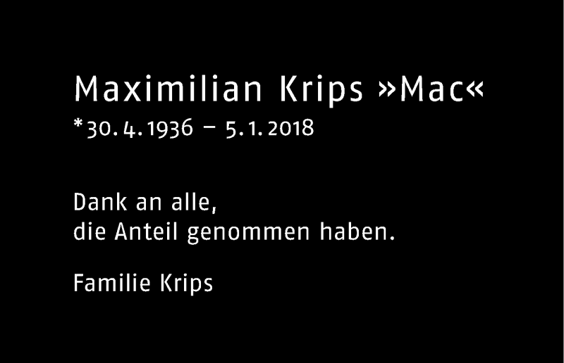  Traueranzeige für Maximilian Krips vom 27.01.2018 aus Kölner Stadt-Anzeiger / Kölnische Rundschau / Express