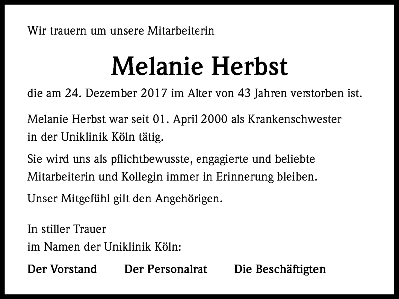  Traueranzeige für Melanie Herbst vom 06.01.2018 aus Kölner Stadt-Anzeiger / Kölnische Rundschau / Express