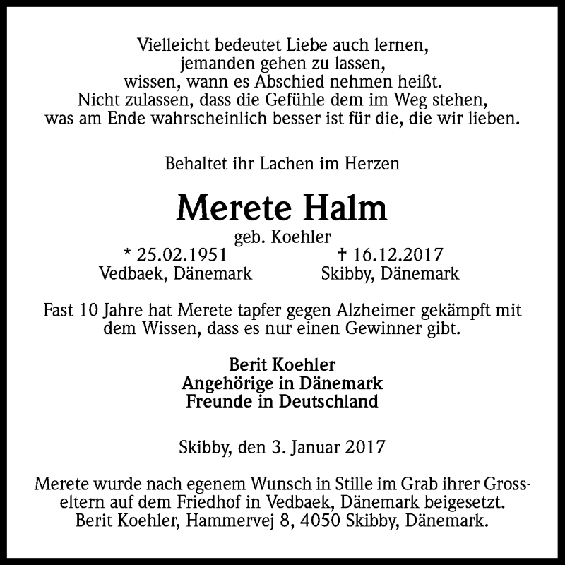  Traueranzeige für Merete Halm vom 12.01.2018 aus Kölner Stadt-Anzeiger / Kölnische Rundschau / Express