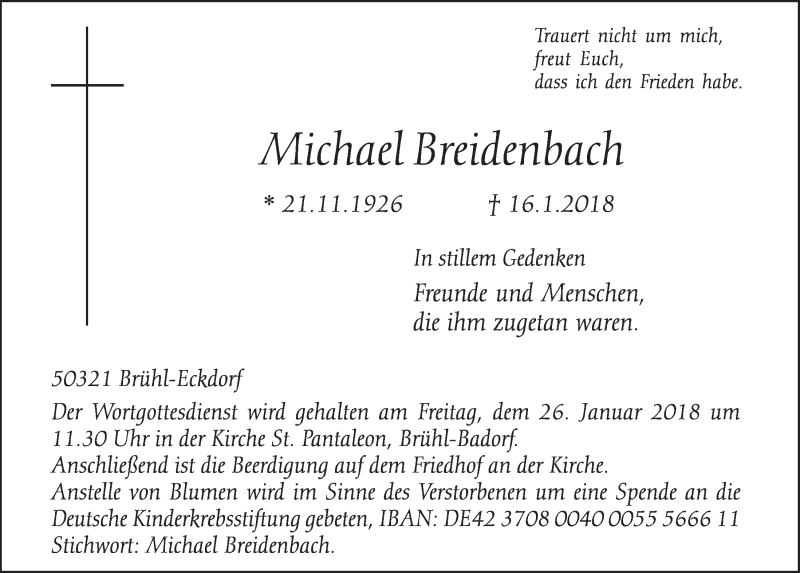  Traueranzeige für Michael Breidenbach vom 24.01.2018 aus  Schlossbote/Werbekurier 