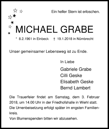 Anzeige von Michael Grabe von Kölner Stadt-Anzeiger / Kölnische Rundschau / Express