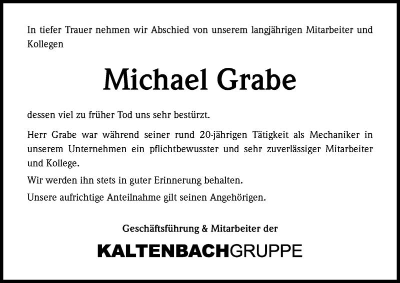  Traueranzeige für Michael Grabe vom 27.01.2018 aus Kölner Stadt-Anzeiger / Kölnische Rundschau / Express