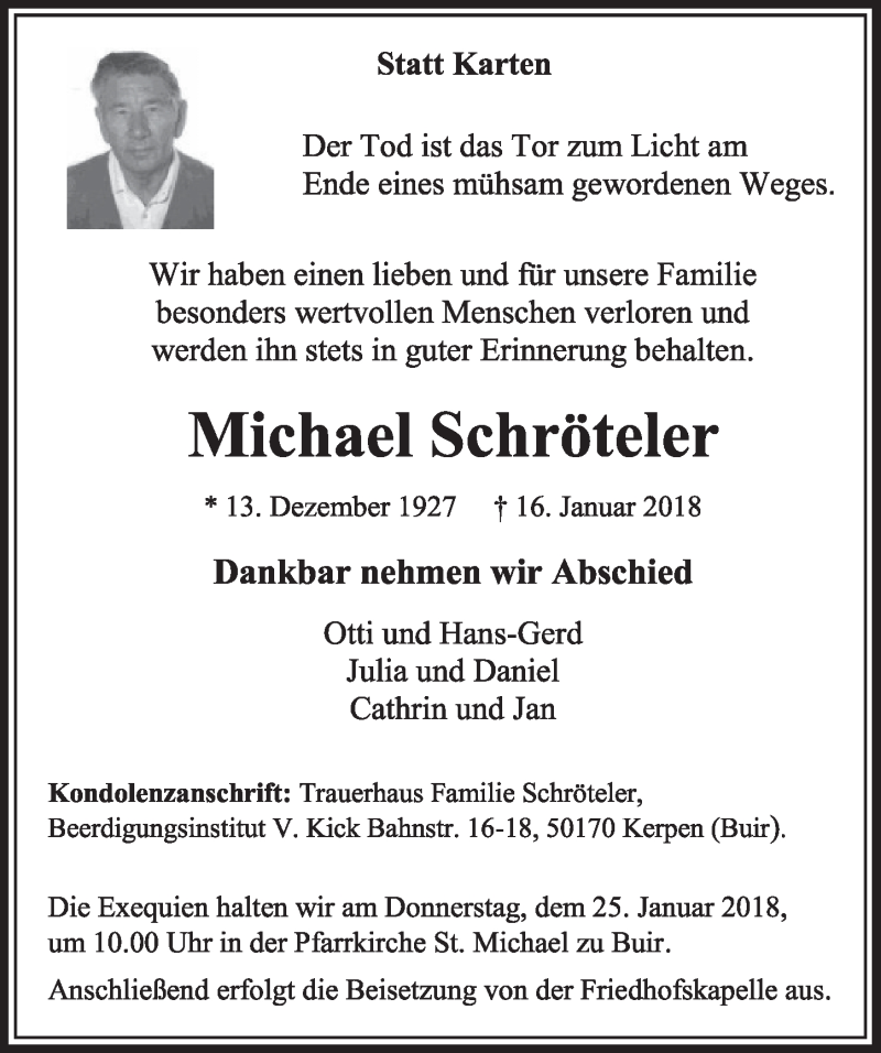 Traueranzeige für Michael Schröteler vom 20.01.2018 aus  Sonntags-Post 