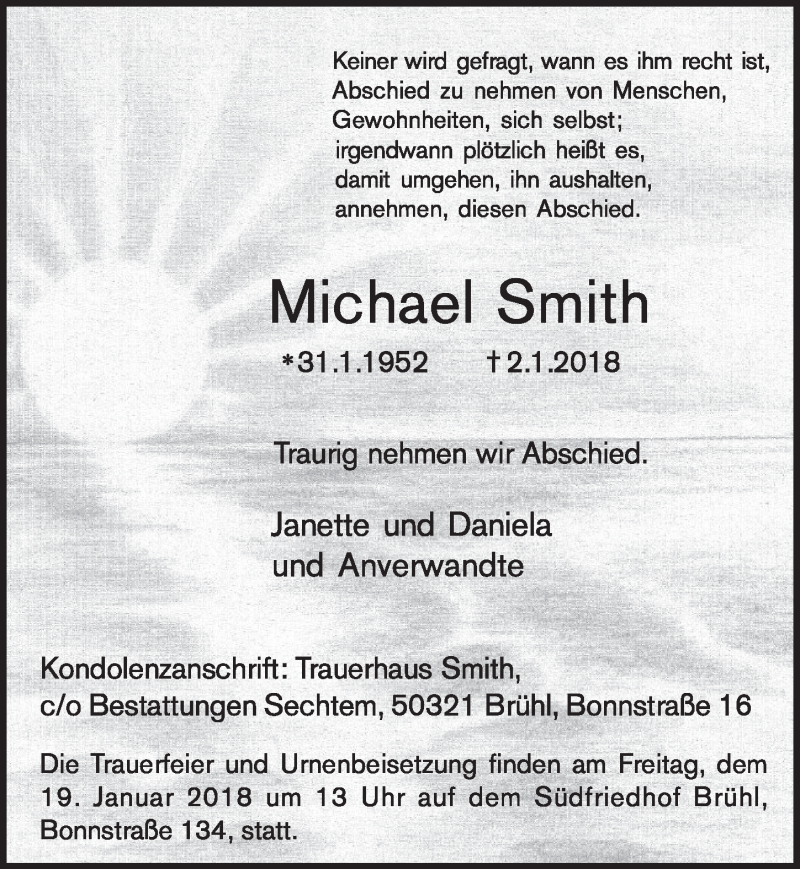  Traueranzeige für Michael Smith vom 10.01.2018 aus  Schlossbote/Werbekurier 