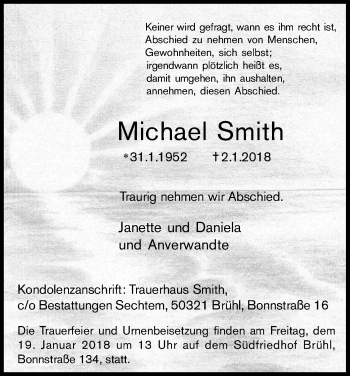 Anzeige von Michael Smith von Kölner Stadt-Anzeiger / Kölnische Rundschau / Express
