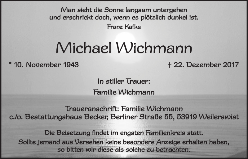  Traueranzeige für Michael Wichmann vom 06.01.2018 aus  Blickpunkt Euskirchen 