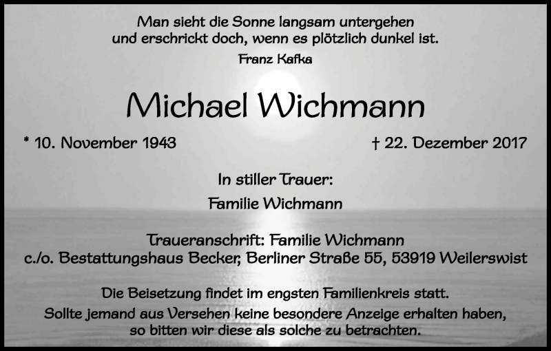  Traueranzeige für Michael Wichmann vom 06.01.2018 aus Kölner Stadt-Anzeiger / Kölnische Rundschau / Express