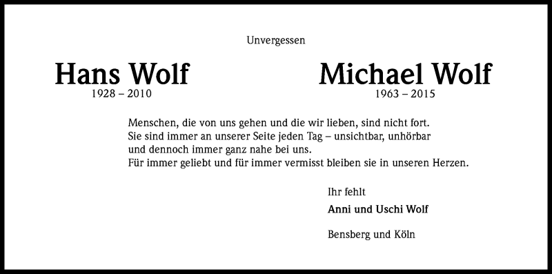  Traueranzeige für Michael Wolf vom 13.01.2018 aus Kölner Stadt-Anzeiger / Kölnische Rundschau / Express