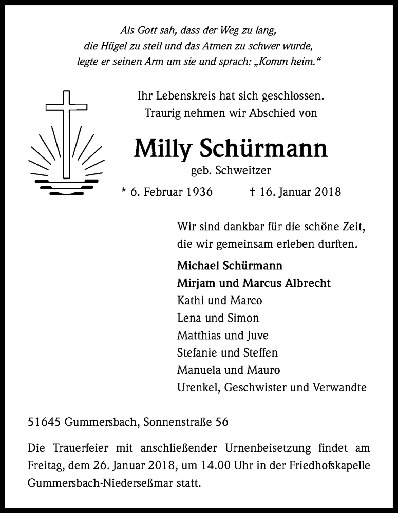  Traueranzeige für Milly Schürmann vom 23.01.2018 aus Kölner Stadt-Anzeiger / Kölnische Rundschau / Express