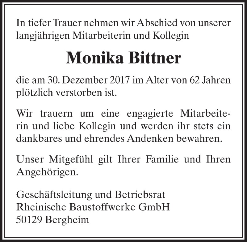  Traueranzeige für Monika Bittner vom 06.01.2018 aus  Sonntags-Post 