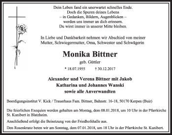 Anzeige von Monika Bittner von  Sonntags-Post 