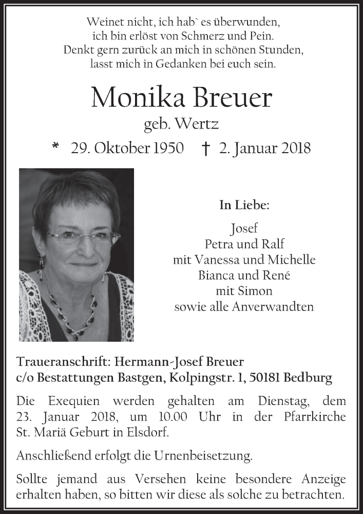  Traueranzeige für Monika Breuer vom 17.01.2018 aus  Werbepost 