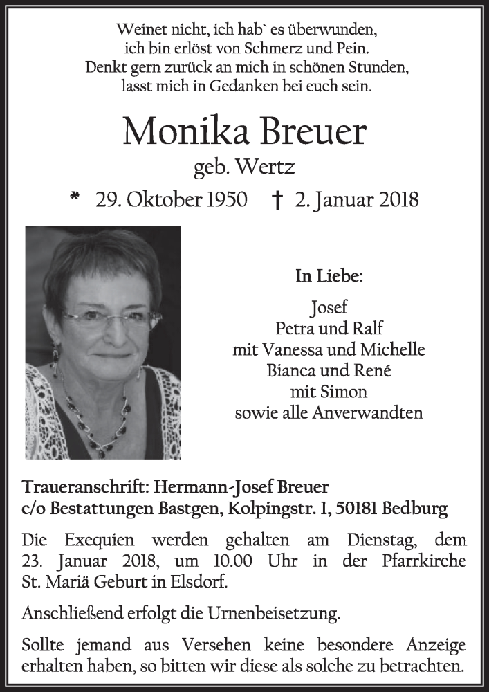 Traueranzeige für Monika Breuer vom 20.01.2018 aus  Sonntags-Post 
