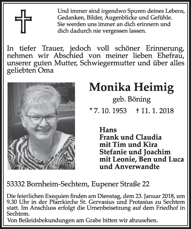  Traueranzeige für Monika Heimig vom 17.01.2018 aus  Schlossbote/Werbekurier 
