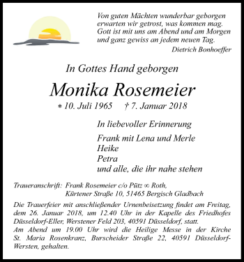Anzeige von Monika Rosemeier von Kölner Stadt-Anzeiger / Kölnische Rundschau / Express