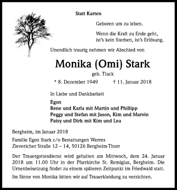 Anzeige von Monika  Stark von Kölner Stadt-Anzeiger / Kölnische Rundschau / Express