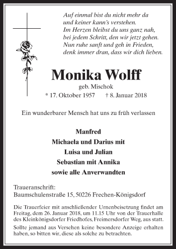 Anzeige von Monika Wolff von  Wochenende 