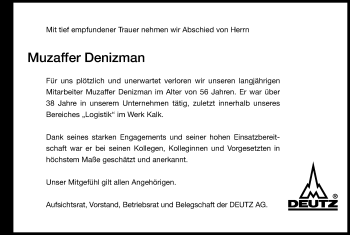 Anzeige von Muzaffer Denizman von Kölner Stadt-Anzeiger / Kölnische Rundschau / Express