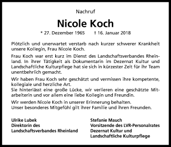 Anzeige von Nicole Koch von Kölner Stadt-Anzeiger / Kölnische Rundschau / Express