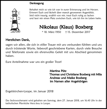 Anzeige von Nikolaus Boxberg von Kölner Stadt-Anzeiger / Kölnische Rundschau / Express
