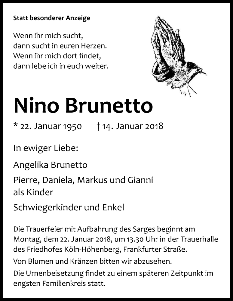  Traueranzeige für Nino Brunetto vom 17.01.2018 aus Kölner Stadt-Anzeiger / Kölnische Rundschau / Express