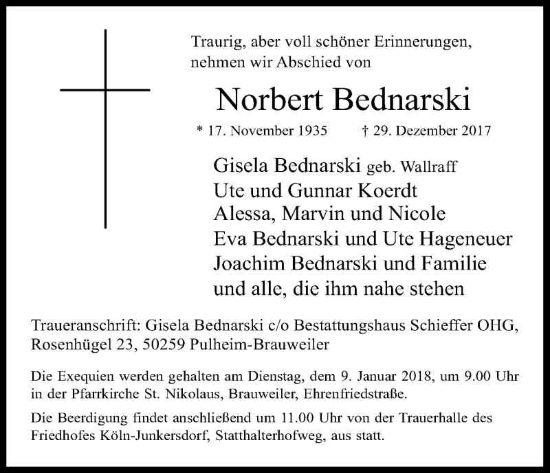  Traueranzeige für Norbert Bednarski vom 06.01.2018 aus Kölner Stadt-Anzeiger / Kölnische Rundschau / Express