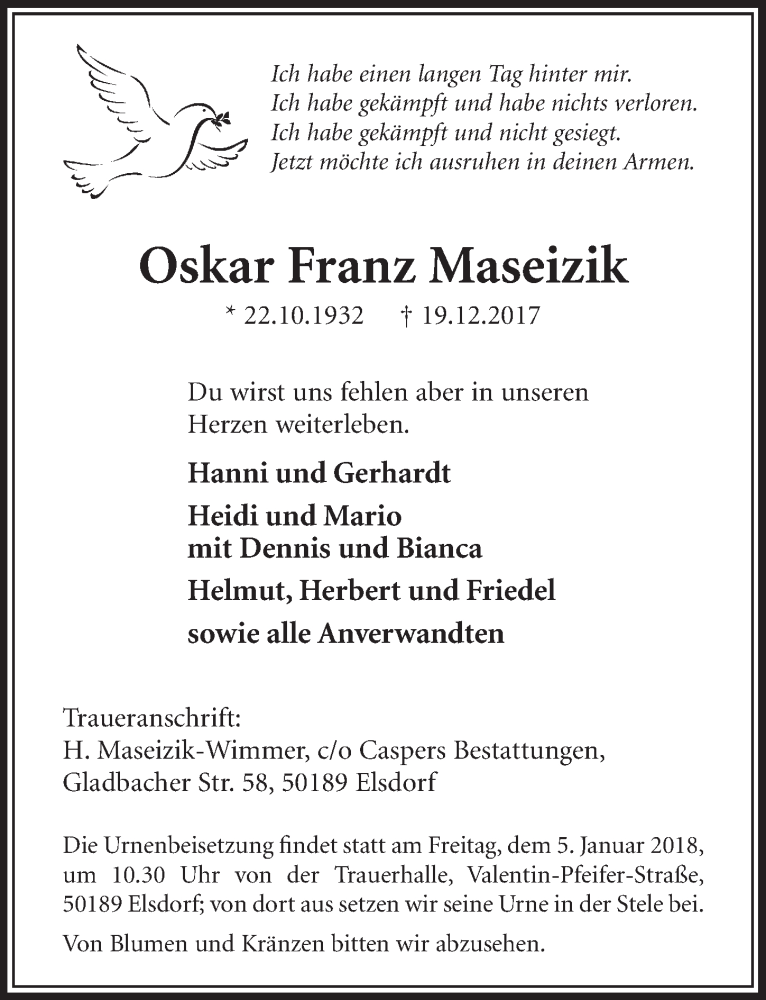  Traueranzeige für Oskar Franz Maseizik vom 03.01.2018 aus  Werbepost 
