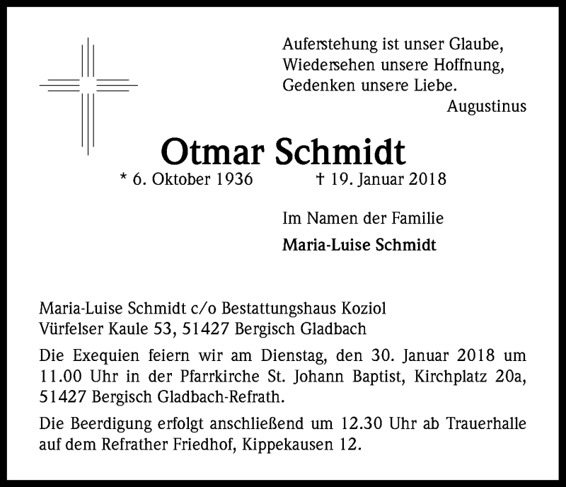  Traueranzeige für Otmar Schmidt vom 24.01.2018 aus Kölner Stadt-Anzeiger / Kölnische Rundschau / Express