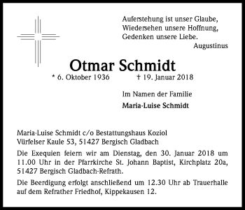 Anzeige von Otmar Schmidt von Kölner Stadt-Anzeiger / Kölnische Rundschau / Express