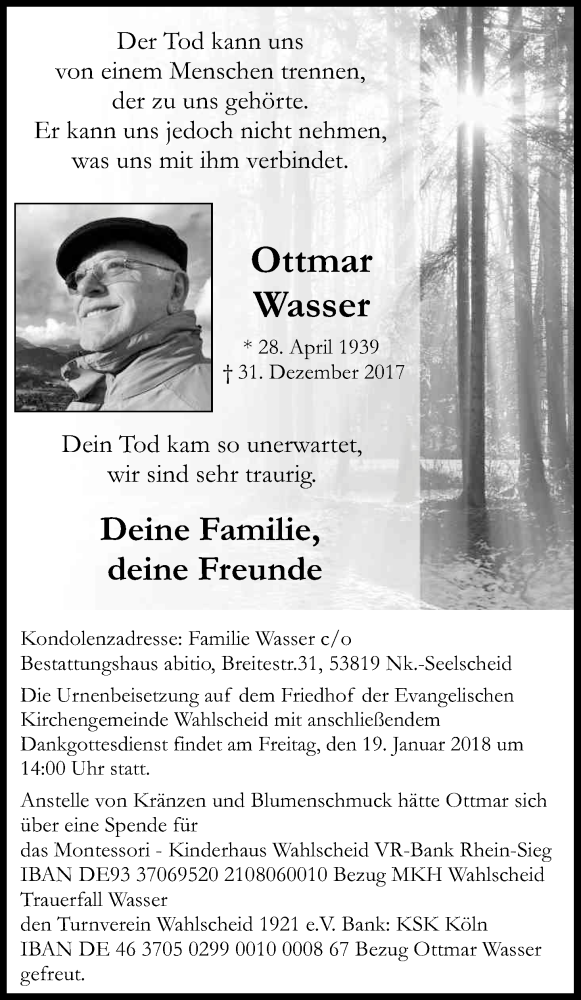  Traueranzeige für Ottmar Wasser vom 13.01.2018 aus Kölner Stadt-Anzeiger / Kölnische Rundschau / Express