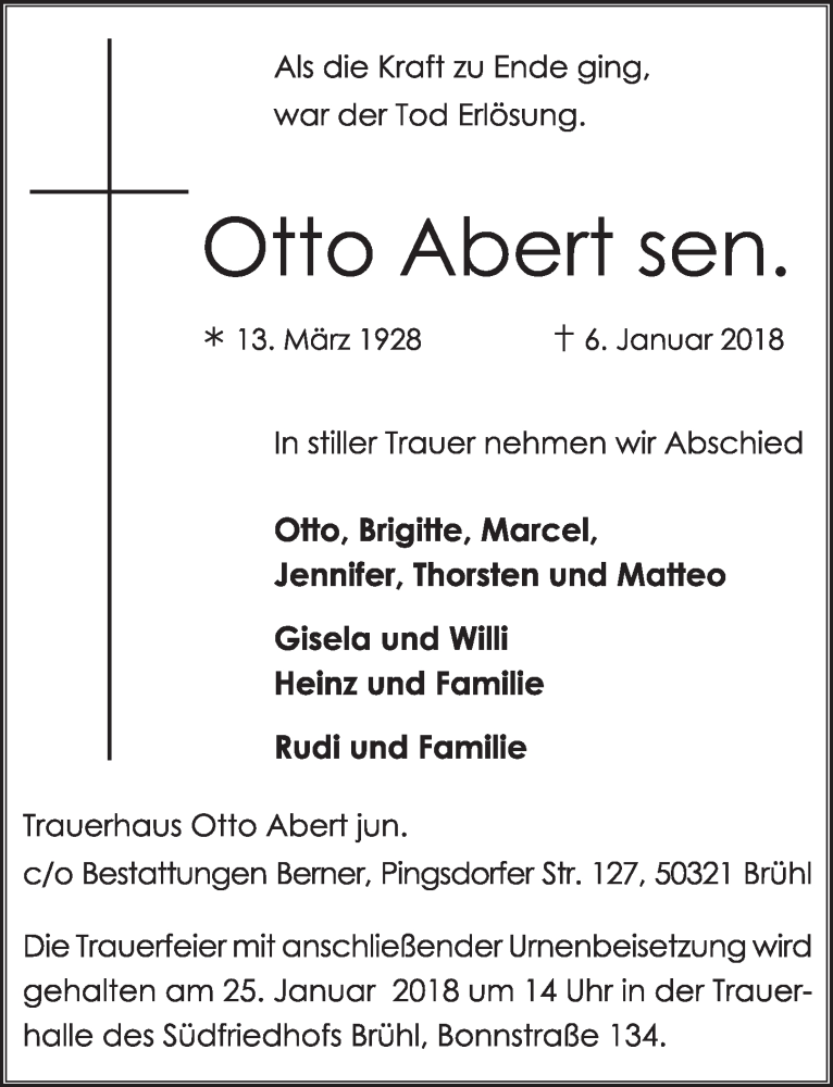  Traueranzeige für Otto Abert vom 17.01.2018 aus  Schlossbote/Werbekurier 
