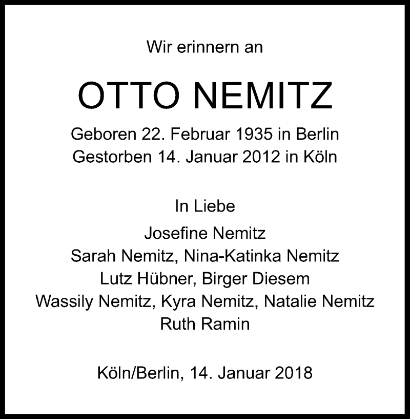  Traueranzeige für Otto Nemitz vom 13.01.2018 aus Kölner Stadt-Anzeiger / Kölnische Rundschau / Express