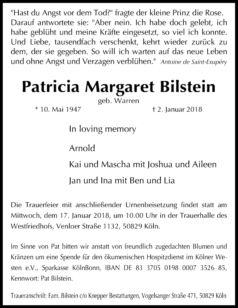  Traueranzeige für Patricia Margaret Bilstein vom 06.01.2018 aus Kölner Stadt-Anzeiger / Kölnische Rundschau / Express
