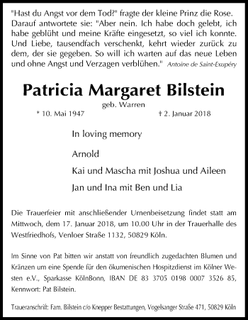 Anzeige von Patricia Margaret Bilstein von Kölner Stadt-Anzeiger / Kölnische Rundschau / Express