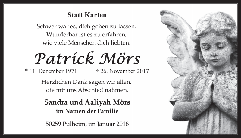  Traueranzeige für Patrick Mörs vom 10.01.2018 aus  Wochenende 