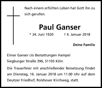 Anzeige von Paul Ganser von Kölner Stadt-Anzeiger / Kölnische Rundschau / Express