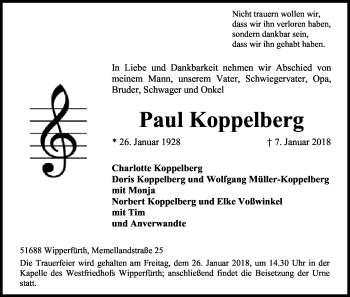 Anzeige von Paul Koppelberg von Kölner Stadt-Anzeiger / Kölnische Rundschau / Express