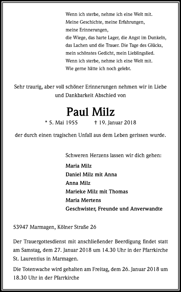  Traueranzeige für Paul Milz vom 25.01.2018 aus Kölner Stadt-Anzeiger / Kölnische Rundschau / Express