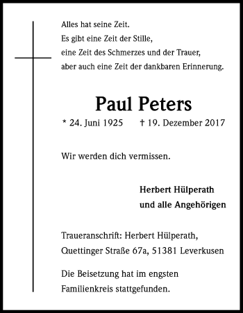 Anzeige von Paul Peters von Kölner Stadt-Anzeiger / Kölnische Rundschau / Express