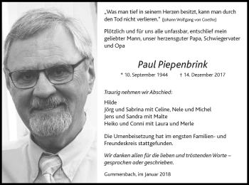 Anzeige von Paul Piepenbrink von Kölner Stadt-Anzeiger / Kölnische Rundschau / Express