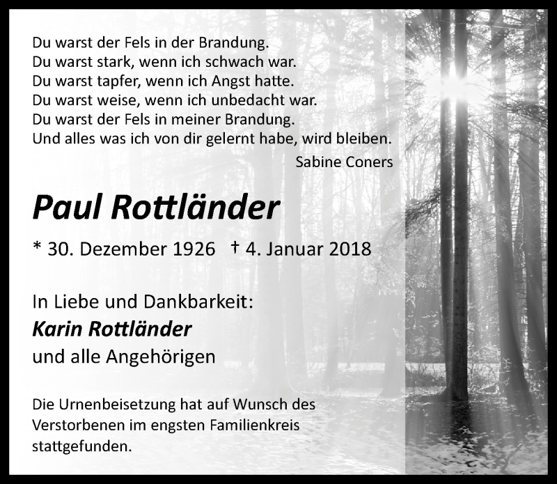  Traueranzeige für Paul Rottländer vom 24.01.2018 aus  Kölner Wochenspiegel 