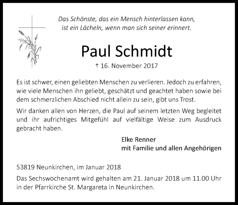 Traueranzeige für Paul Schmidt vom 10.01.2018 aus Kölner Stadt-Anzeiger / Kölnische Rundschau / Express