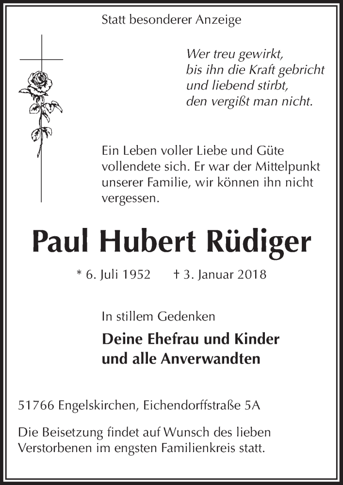 Traueranzeige für Paul Hubert Rüdiger vom 10.01.2018 aus  Anzeigen Echo 