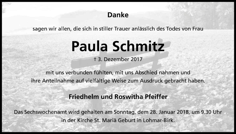  Traueranzeige für Paula Schmitz vom 13.01.2018 aus Kölner Stadt-Anzeiger / Kölnische Rundschau / Express