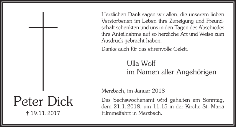  Traueranzeige für Peter Dick vom 10.01.2018 aus  Schaufenster/Blickpunkt 