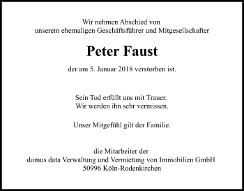 Anzeige von Peter Faust von Kölner Stadt-Anzeiger / Kölnische Rundschau / Express