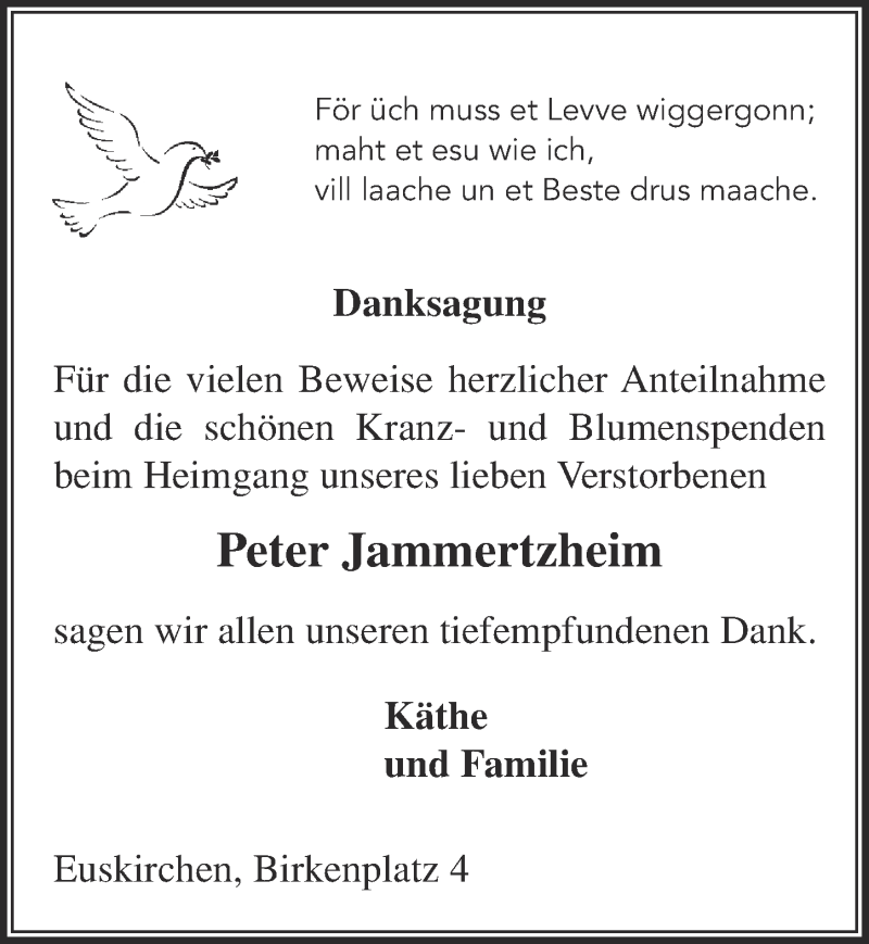  Traueranzeige für Peter Jammertzheim vom 13.01.2018 aus  Blickpunkt Euskirchen 
